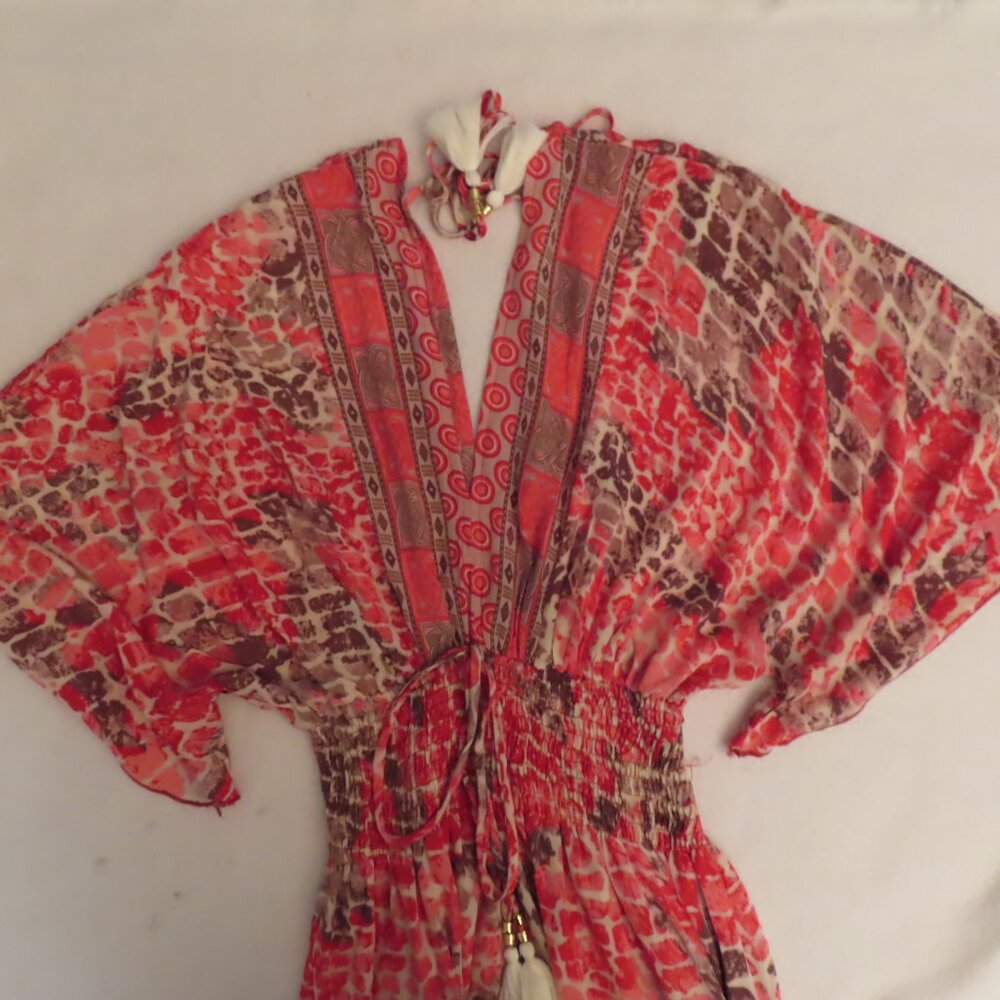 NWT MT Collection Boho Maxi dress One Size Flowy Beachy Tassels Silk V-neck